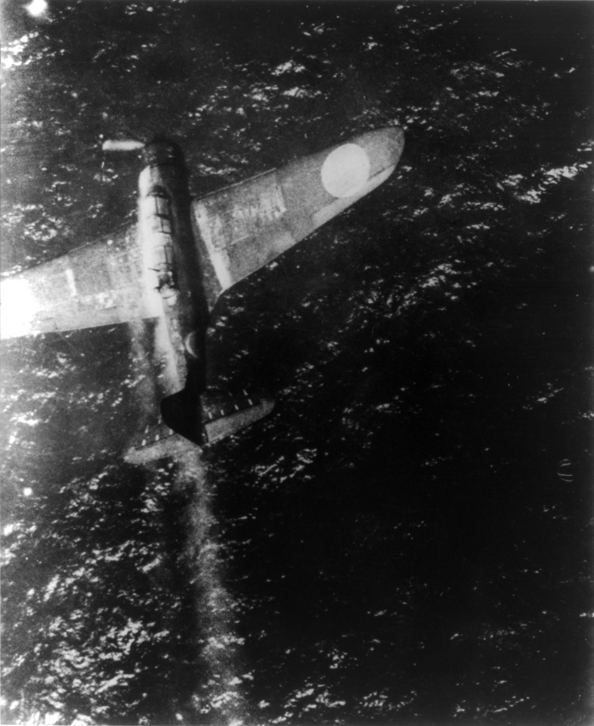 Overhead view of a Japanese Nakajima B5N “Kate” torpedo bomber shot down by a U.S. Navy PB4Y patrol bomber. 22 June 1944 [1221 × 1494]
