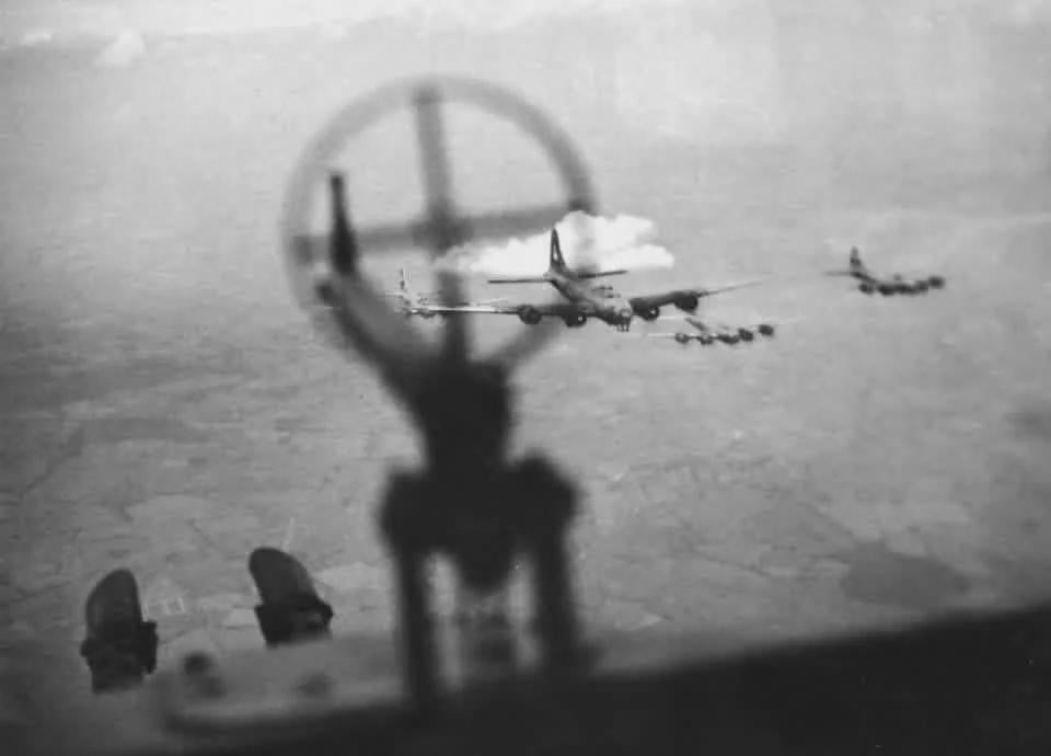 View from the tail gun of a B-17 Flying Fortress of the 8th Air Force, 1944. [960×690]