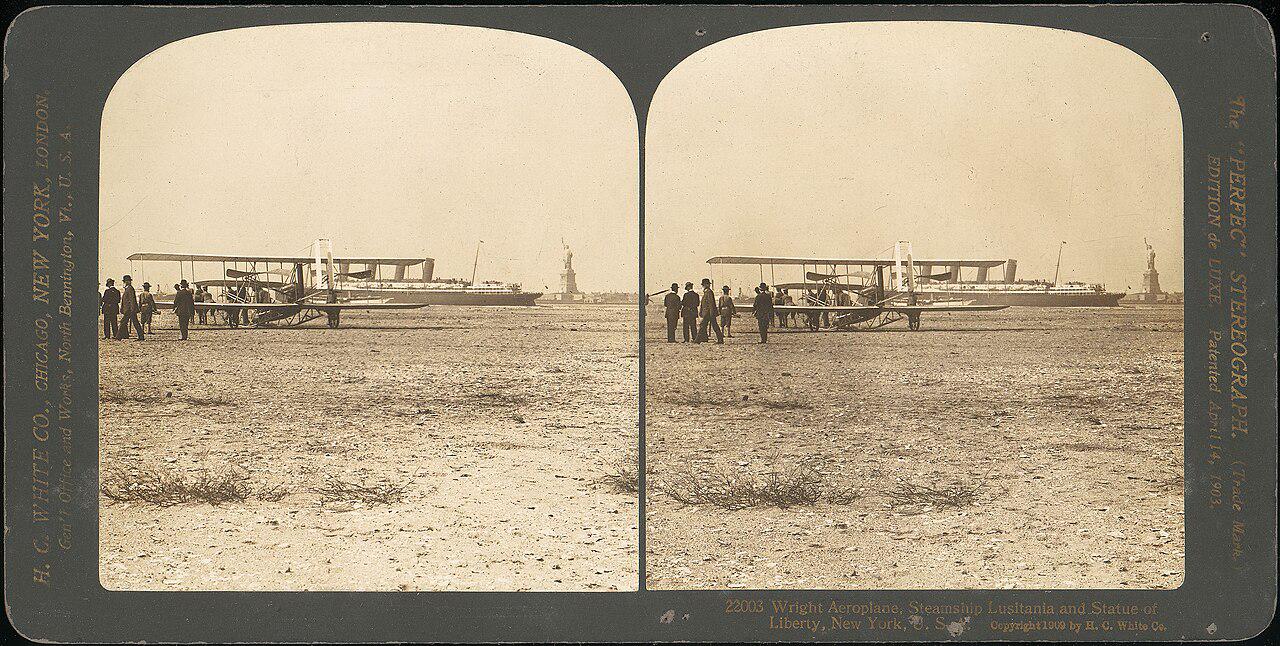 An incredibly lucky stereograph of the Wright Flyer, Lusitania, and the Statue of Liberty, 1909 [1280×646]
