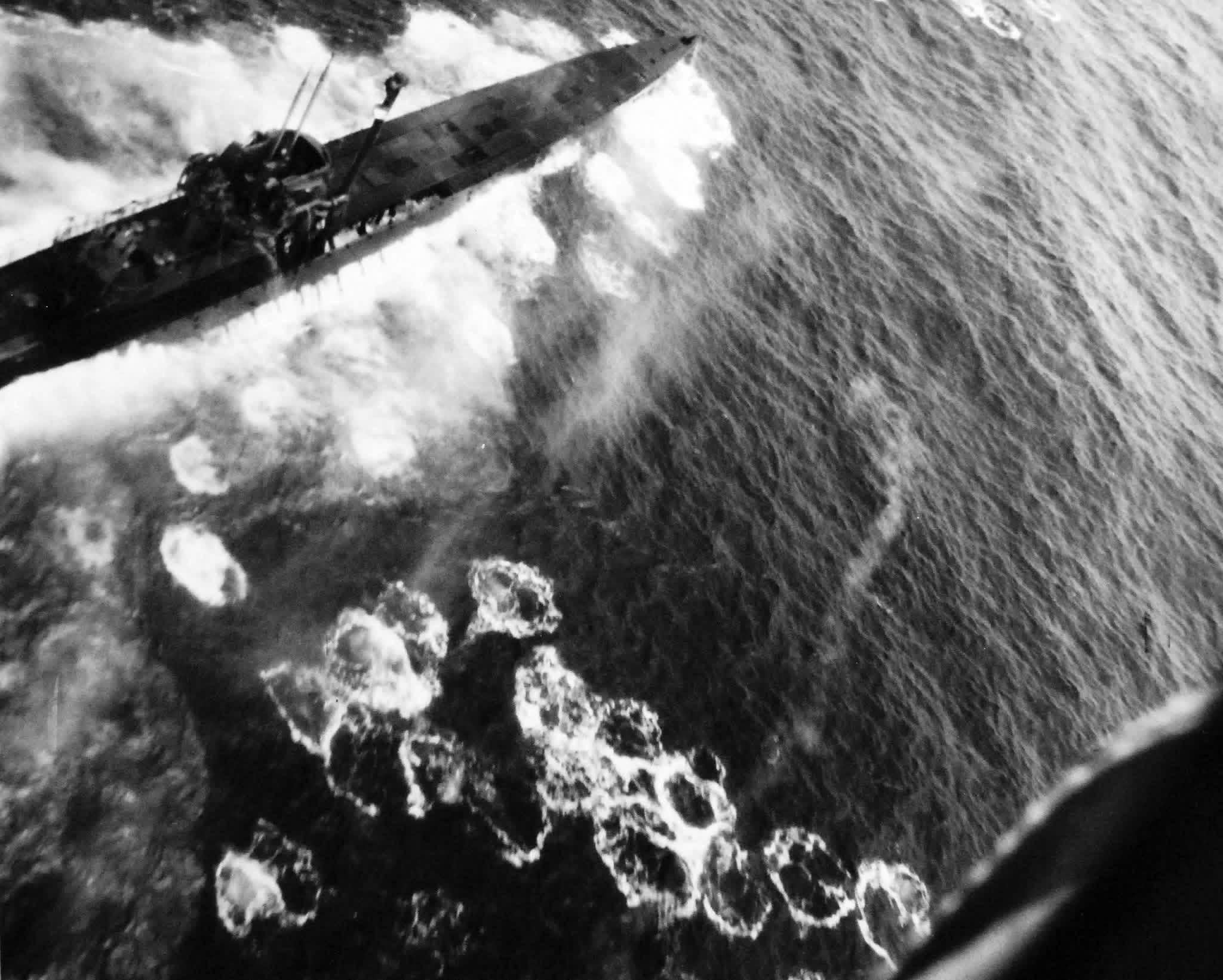 Aerial attack on German U-1229 in the North Atlantic by TBF Avengers and F4F Wildcats of Composite Squadron VC-42 flying from escort carrier USS Bogue on August 20, 1944. U-1229 was sunk with 18 killed and 41 rescued. [2048×1642]