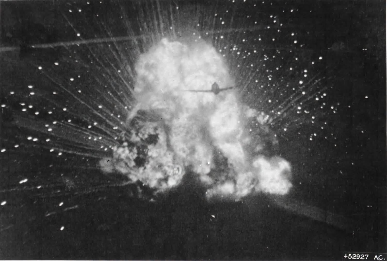 A P-47 Thunderbolt piloted by Capt Raymond M Walsh of the 406th Fighter Group is silhouetted against the exploding ammunition truck he just strafed, France, June 23, 1944. The image was captured by his wingman’s gun camera in the following P-47. [1500×1014]