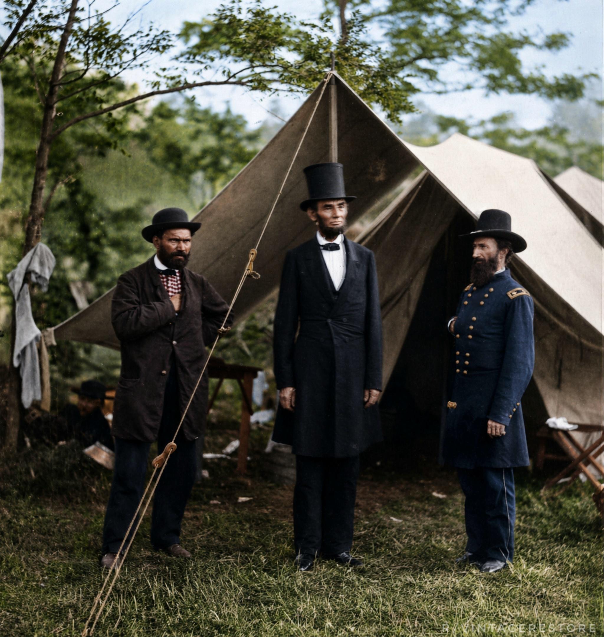 Abraham Lincoln at a secret intelligence camp (1862) [2048×2160]