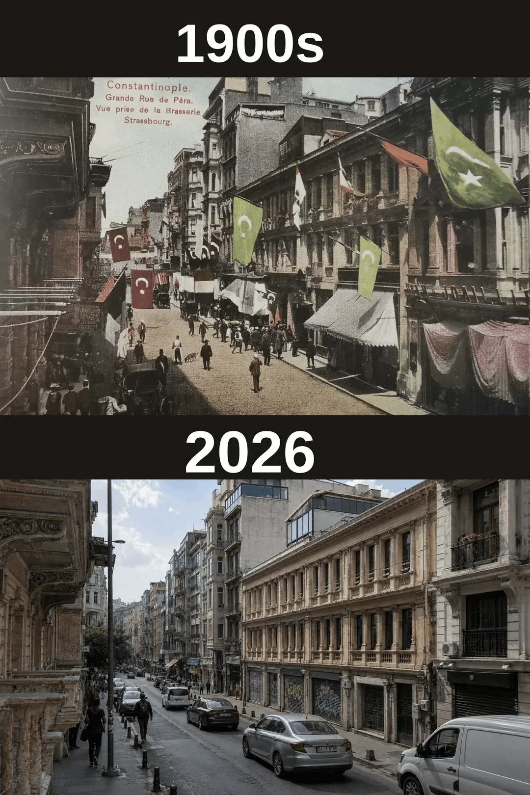 Istiklal Avenue, Istanbul: 1900s vs. 2026. Some things change, the soul stays the same (4000×4500)