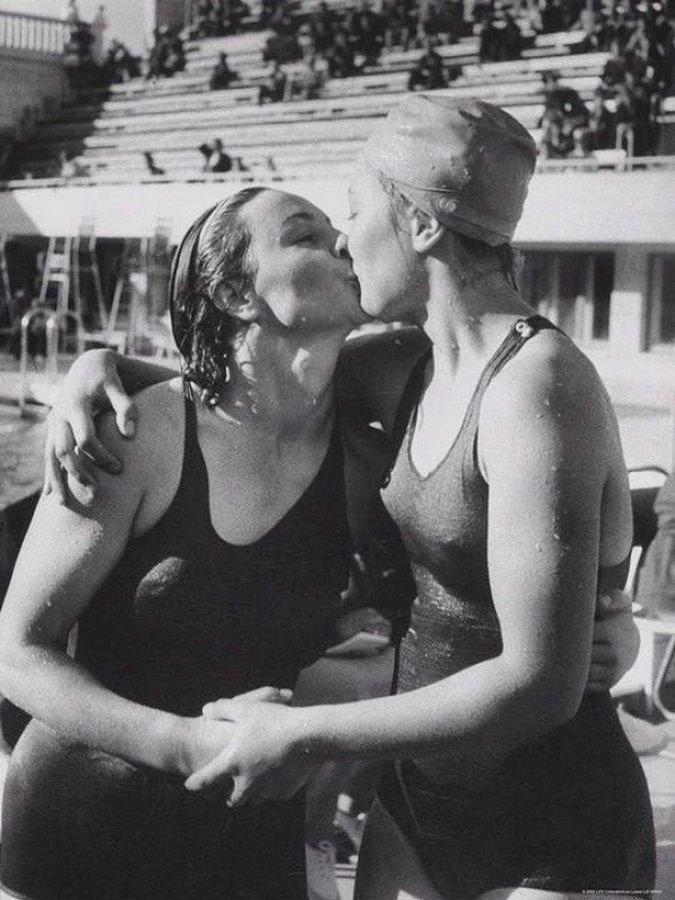 Maria Gavrish congratulating Elena Kovalenko, who had just defeated her in the breaststroke competition at the Spartakiad of the Peoples of the USSR in Moscow (1956) [1000 × 1332]