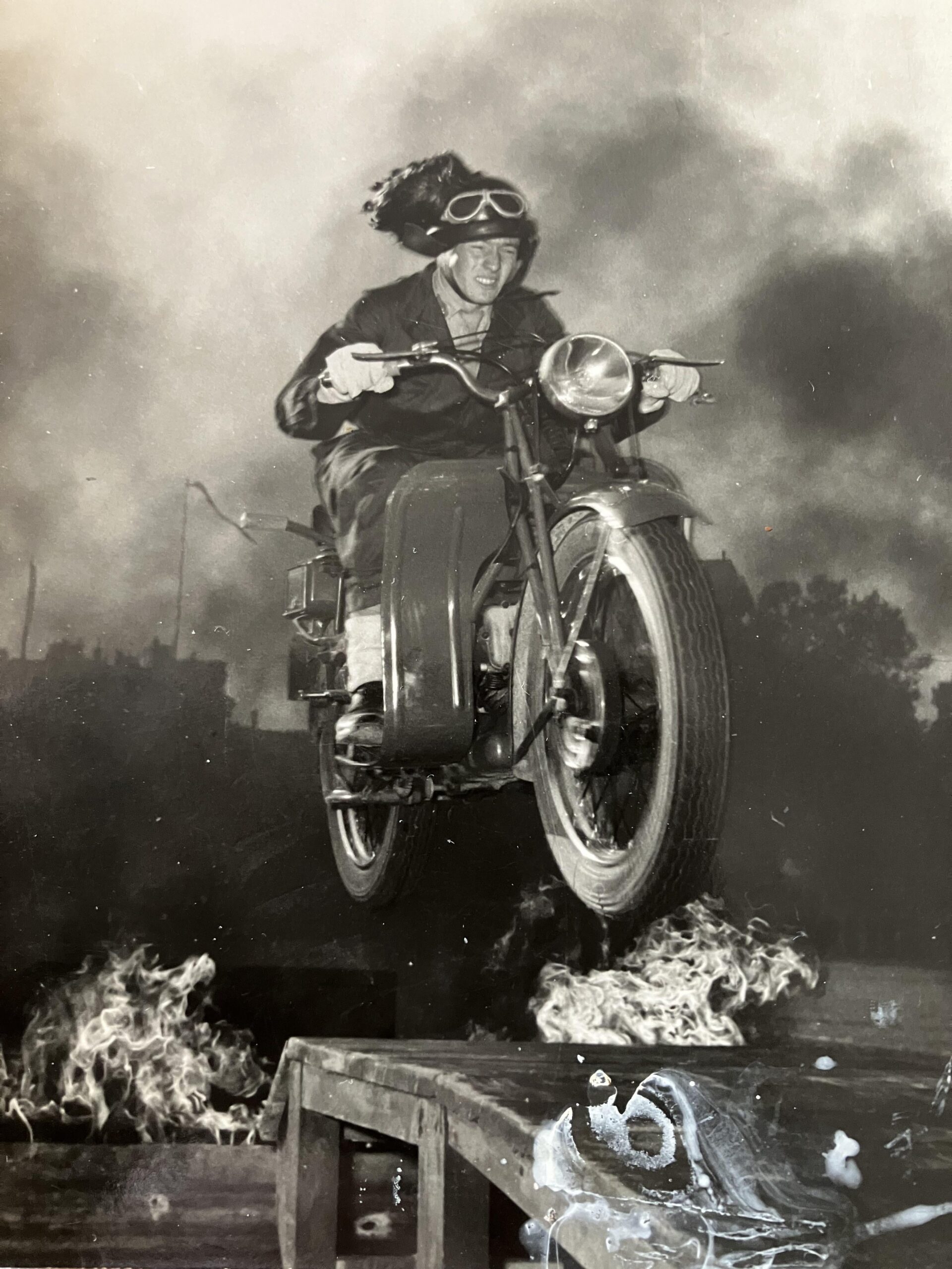 Grandpa riding a Gilera on a burning jump – 1953 – 3024 x 4032