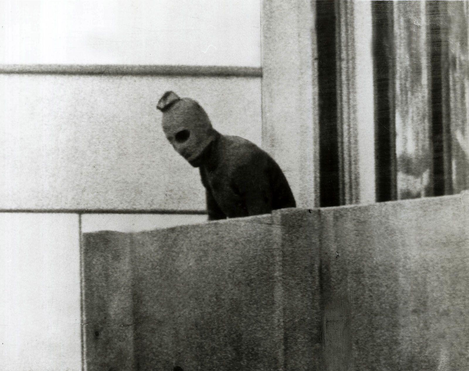 A Palestinian terrorist appearing on a balcony in the Munich Olympic Village, where members of the Israeli team were being held hostage, 1972 (1600×1267)
