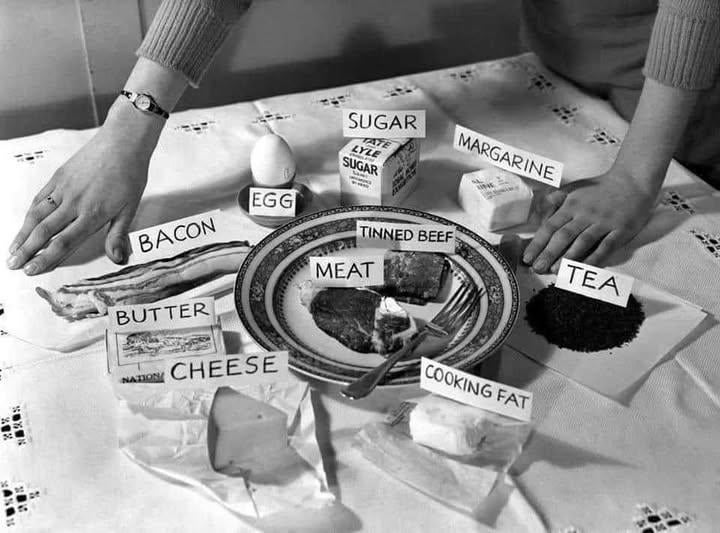 A weekly food ration for one adult in the United Kingdom, 1942. [720×533]