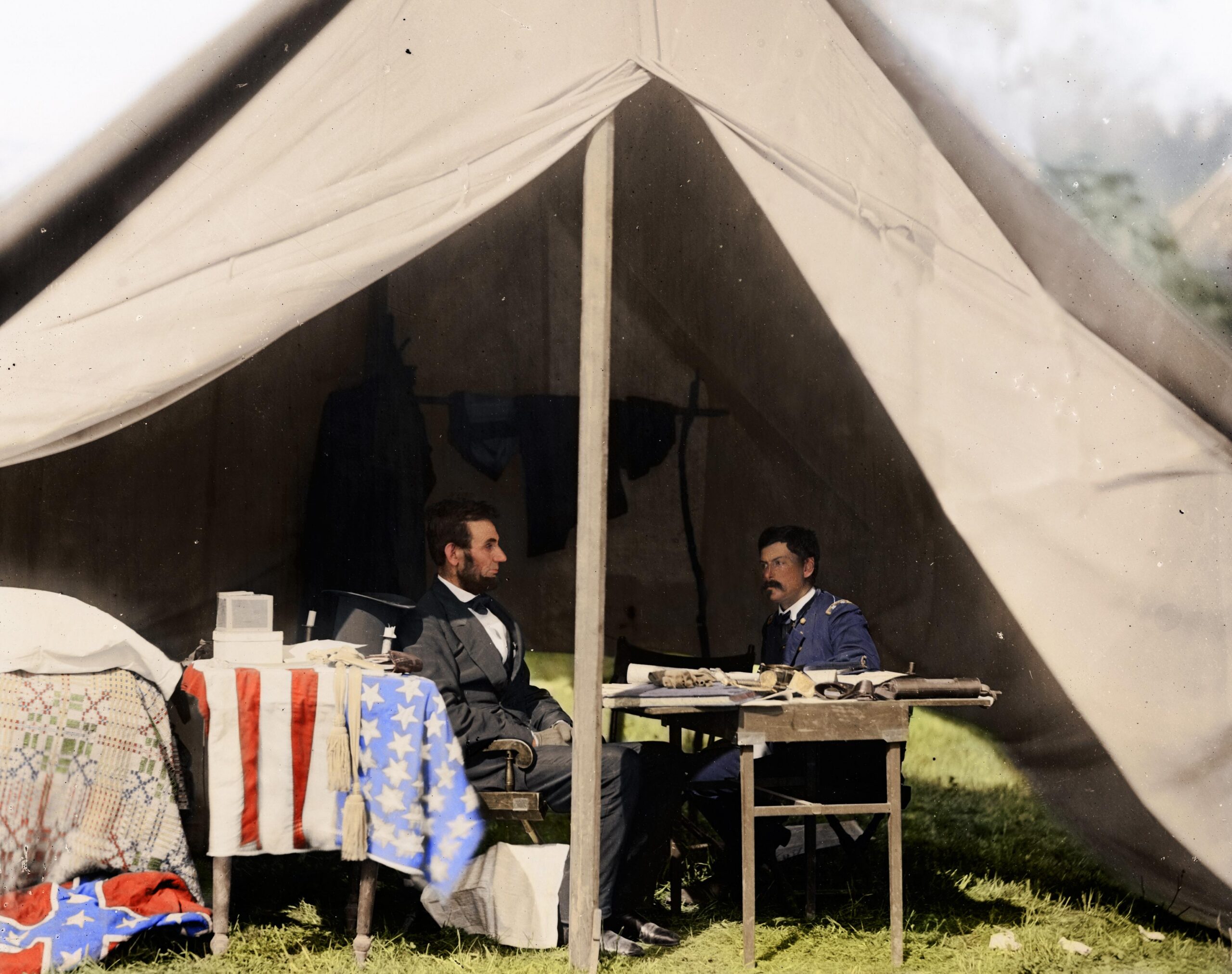 Abraham Lincoln in George B. McClellan’s tent after the Battle of Antietam. Colorized (1862) [3551×2806]