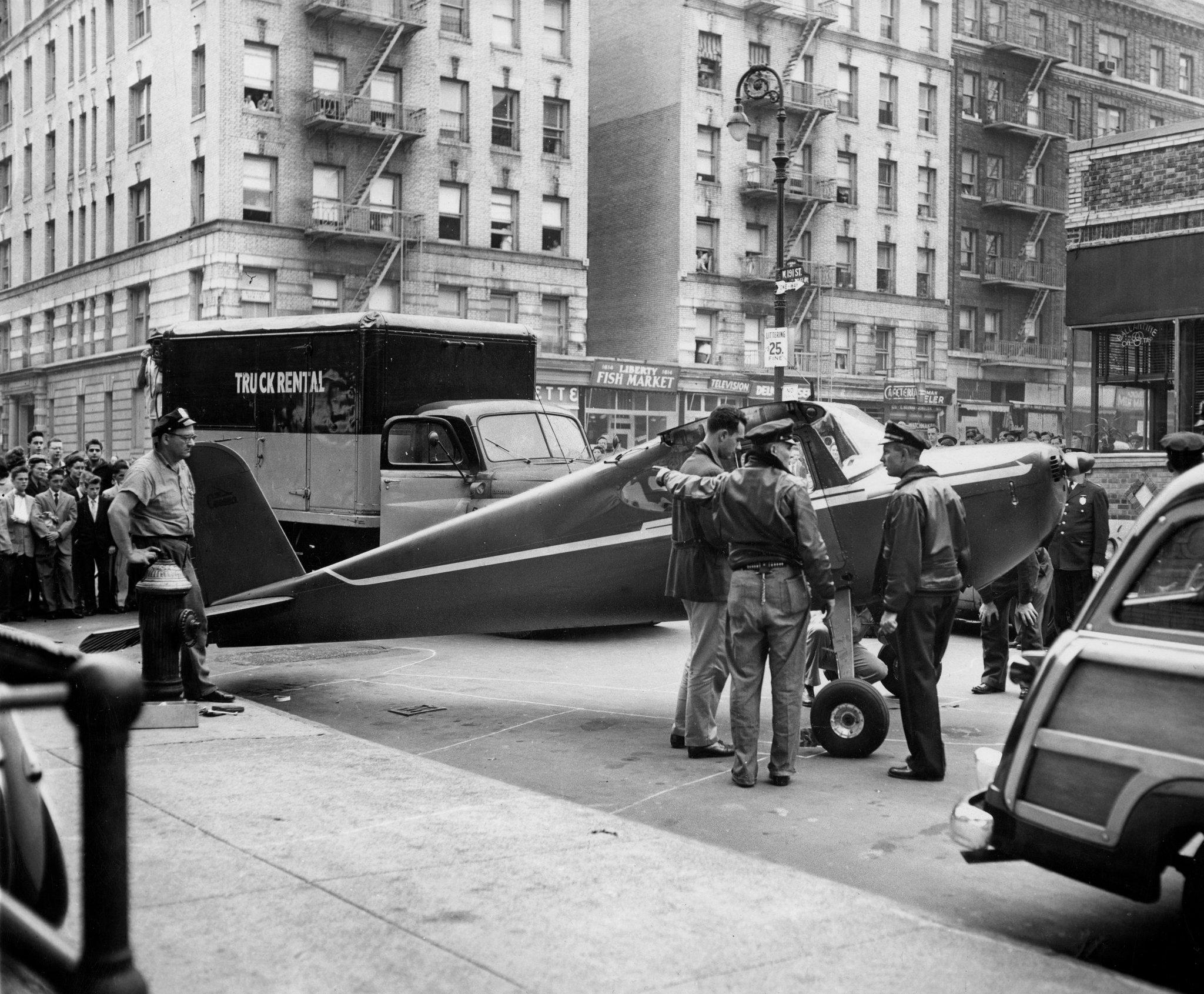 After losing a bet, Thomas Fitzpatrick stole a plane from a New Jersey airport and landed it at the bar in Manhattan where the bet was made. Two years later Fitzpatrick repeated his stunt; both times he was charged with wrongdoing. (1956) [2048×1690]