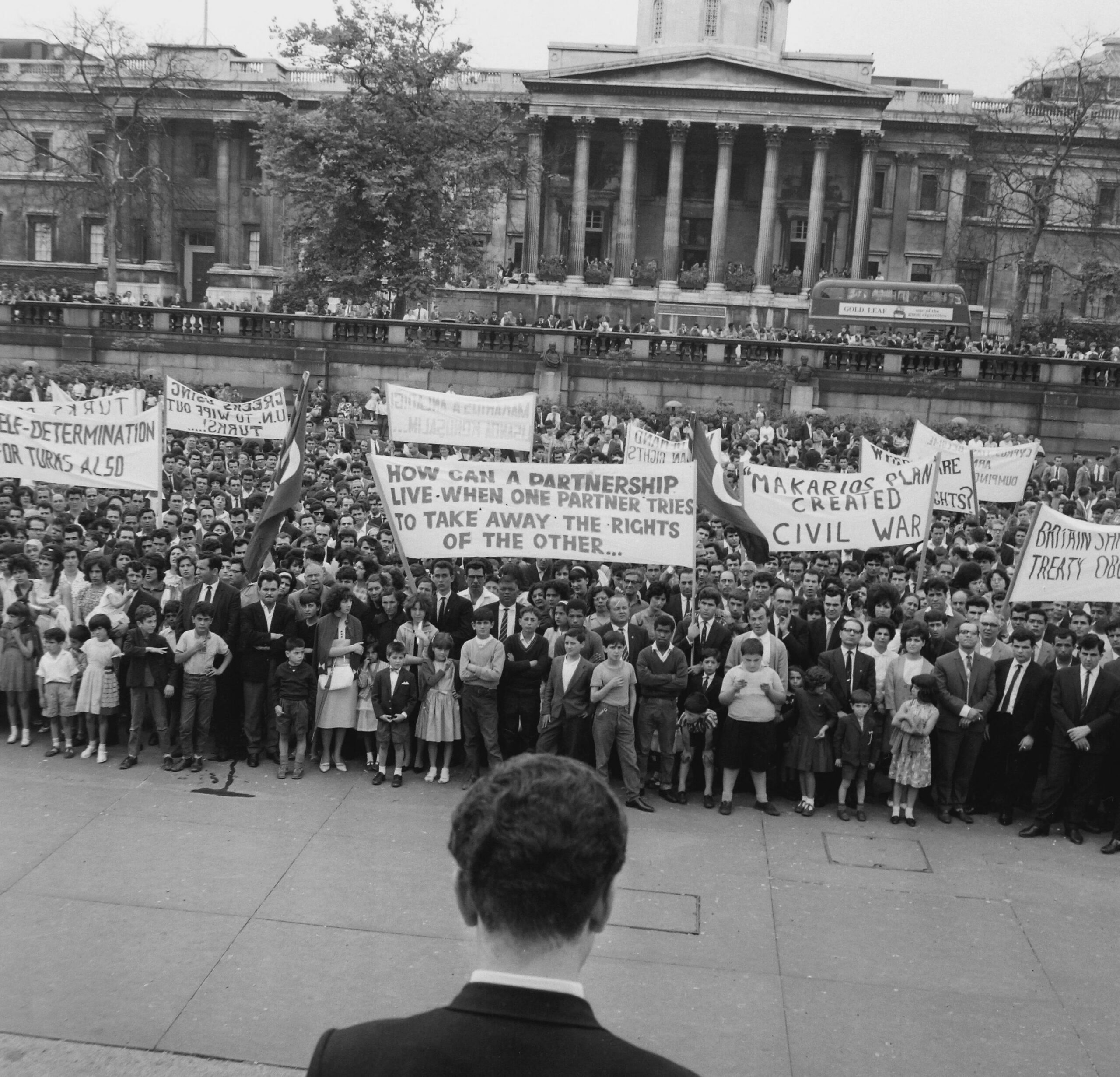 Fikret Dervish, chairman of the Turkish-Cypriot Association of Great Britain, addressing a crowd in London’s Trafalgar Square protesting against ‘Enosis’, the union of Cyprus with Greece. (1964) [2975×2860]