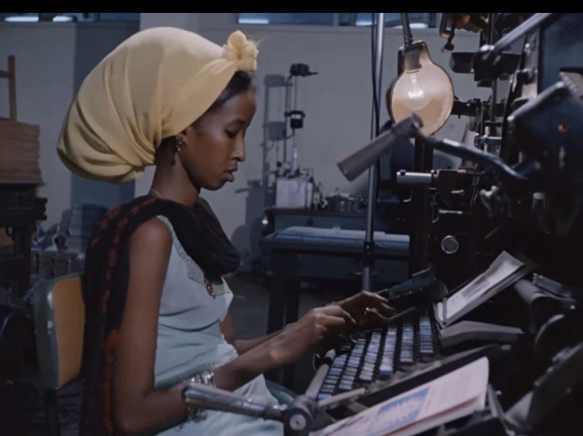 Somali woman using a Linotype typesetting machine – in Mogadishu, Somali Democratic Republic (SDR) – during the Siad Barre era, c. 1970s. [1170 x 876]
