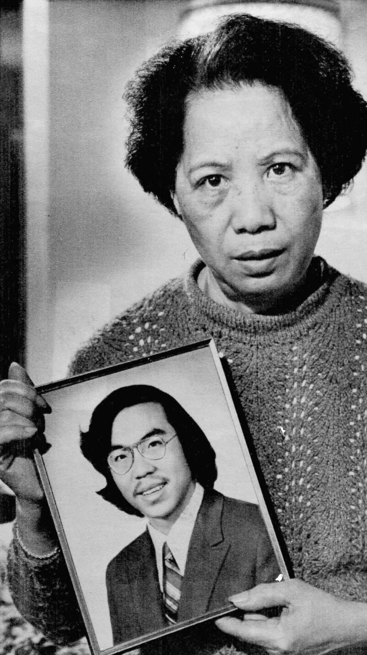 Lily Chin holds a photo portrait of her son Vincent in 1983, a year after he was beaten to death in Detroit. Vincent was targeted in a racially motivated hate crime [408×729]