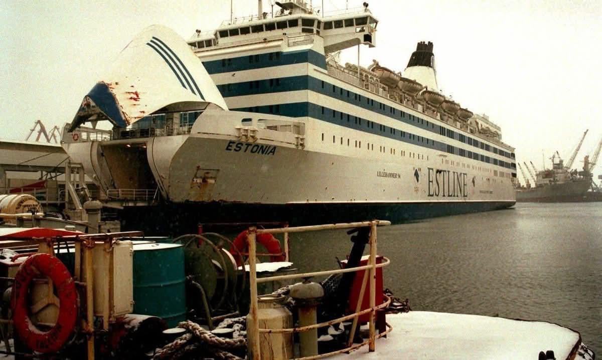 The roll-on/roll-off ferry MS Estonia (with its bow visor raised while docked) at the Port of Tallinn, Estonia, c. early 1993. [1200 x 719]