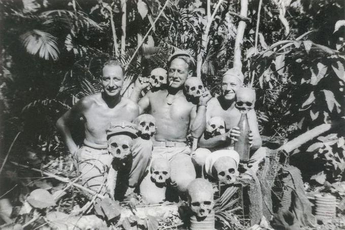 American Marines posing with a collection of Japanese skulls, Pacific Theater, WW2. Trophy-taking was so widespread that by 1944, declaring bones at Hawaii customs had become routine procedure. (600×453)
