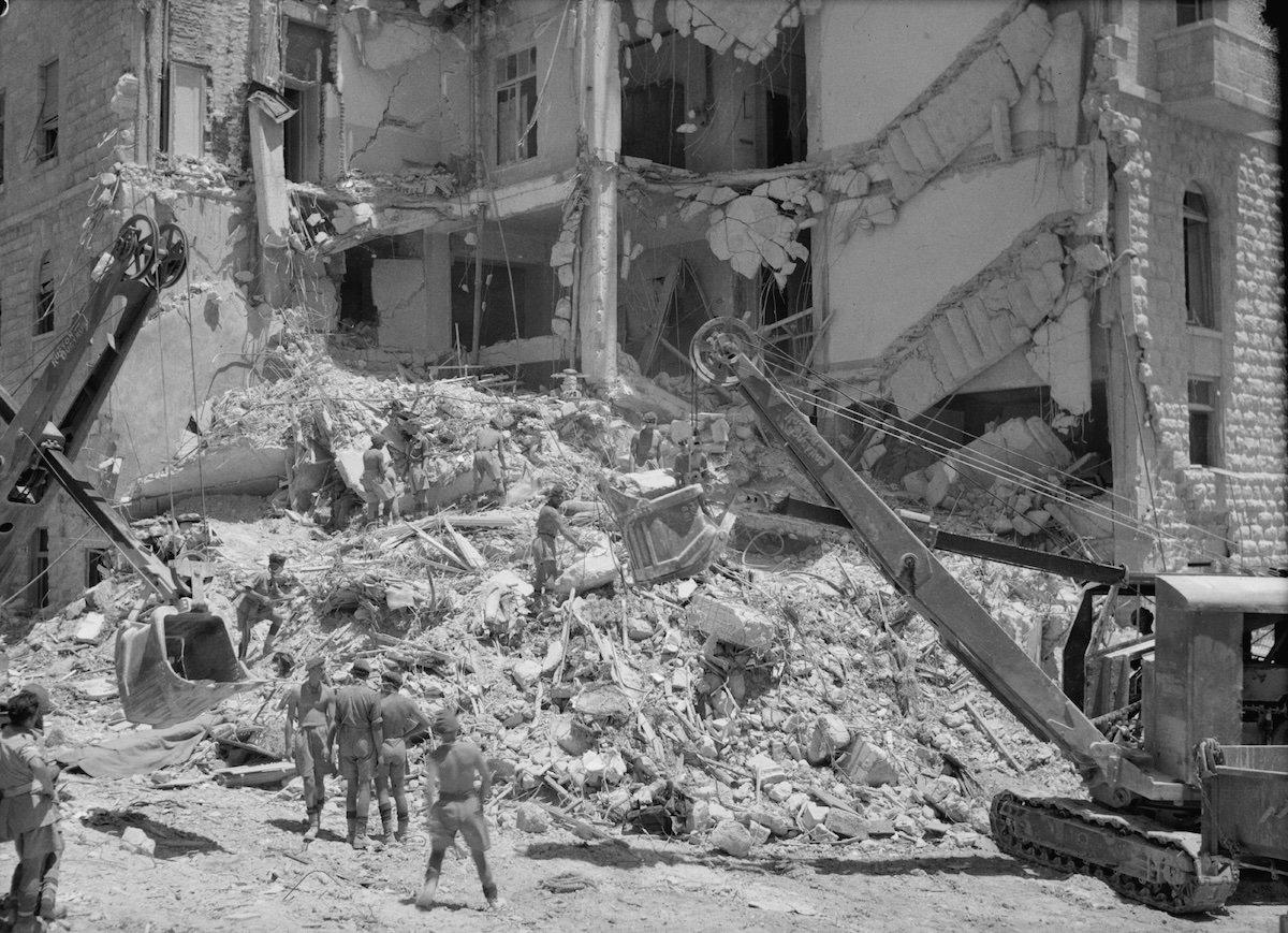 Workers digging through the rubble of King David hotel following its bombing – the most deadly act of Jewish terrorism during the Mandate of Palestine (1946) [1200 x 869]