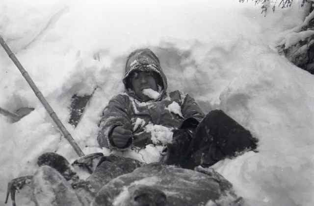 A member of the Dyatlov Pass expedition rests in a snow shelter during the group’s ill-fated trek in the northern Ural Mountains, Soviet Union. February 1959. [640 × 480]