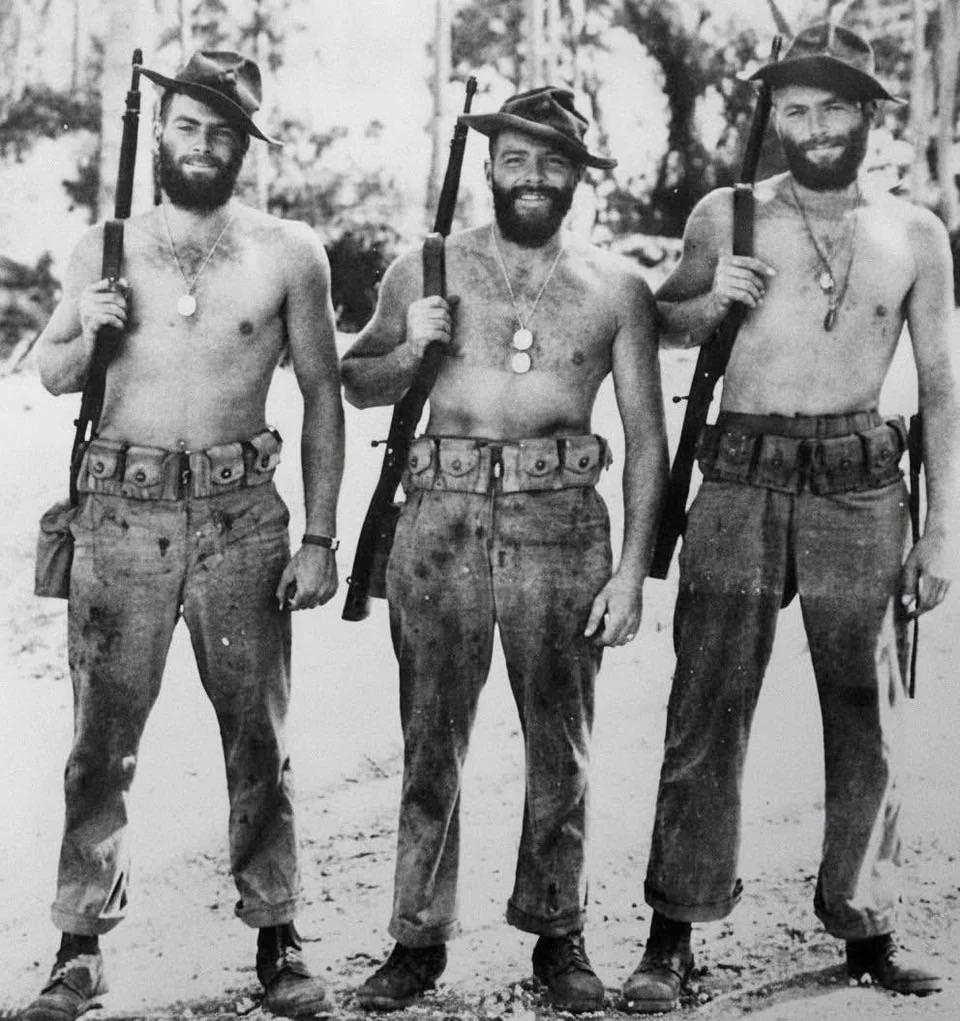 Three Madden brothers — USMC. L to R: Albert, Walter and John. Served with VMO-251 (photo recon, equipped with F4F-3P Wildcat). Taken July 8, 1943 on their last day on Guadalcanal before returning to California. [960×1021]