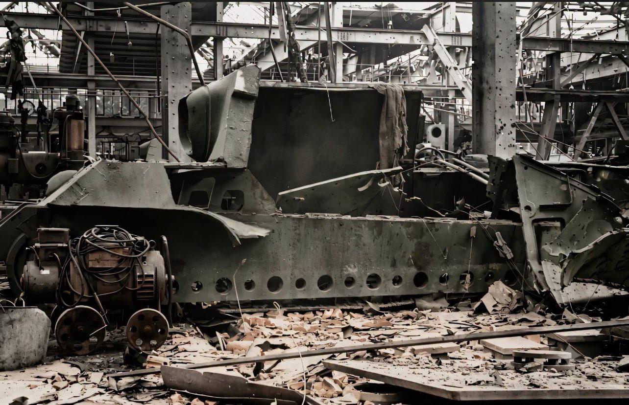 Partially completed and destroyed German ‘Jagdtiger’ (Panzerjäger Tiger Ausf. B) heavy tank destroyer – at the Nibelungenwerk factory, near St Valentin, Austria, c. April – May 1945. [1284 x 828]