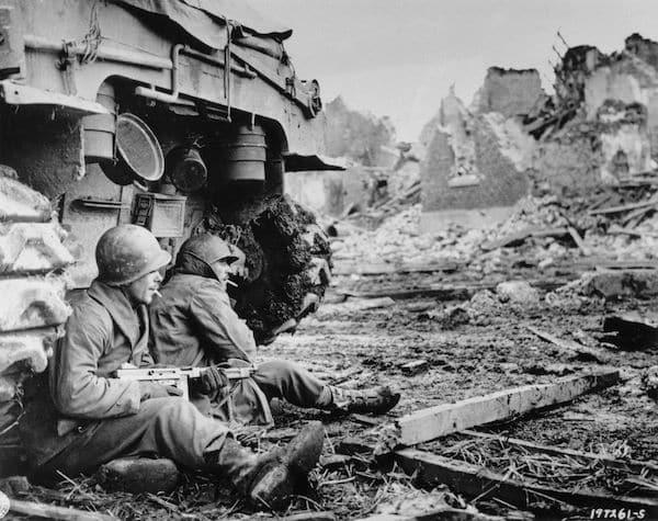 US Infantry taking cover behind a Sherman tank. Germany, Dec 11, 1944. [600×475]