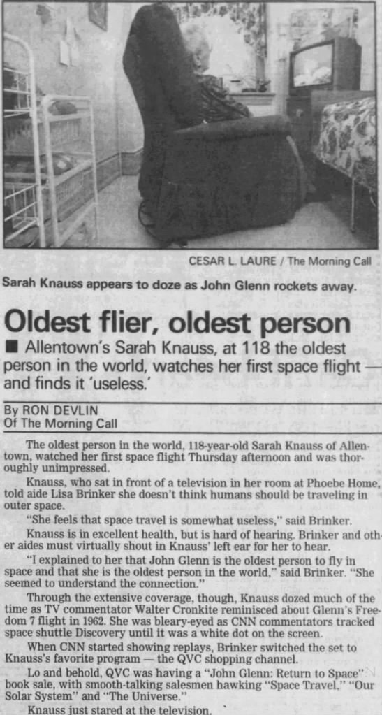 A then 118-year-old Sarah Knauss watching her first spaceflight, United States, 1998 [547×1023]