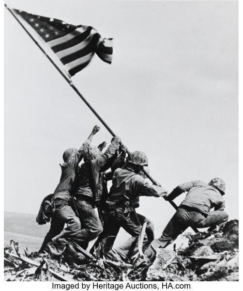 Raising the Flag at Iwo Jima (1945) by Joe Rosenthal sold for $4,000 at Heritage in their Pulitzer Prize Photography event on July 1. One of the most powerful images ever created, representing not only victory, but the immense cost required to achieve it. (502×600) Reported by Rare book Hub.