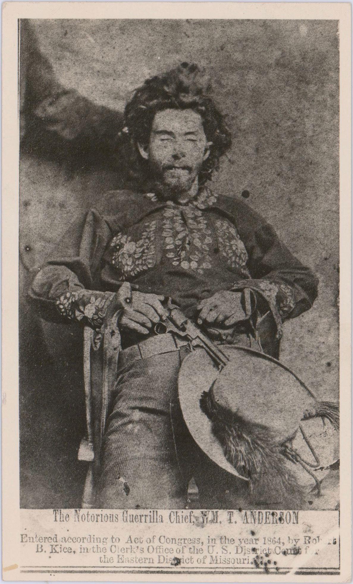 Photo of notorious Confederate Bushwacker William T. Anderson shortly after his death at the hands of Union forces under Lieutenant Colonel Samuel P. Cox on October 27, 1864 in Richmond, Missouri. Taken by Robert B. Kice. [1187 × 1966]