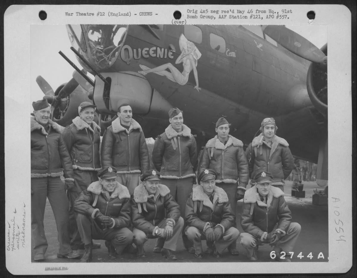 Lt. Robert Fancher and crew of the 322nd Bomb Squadron, 91st Bomb Group, 8th Air Force, beside the Boeing B-17 Flying Fortress “Queenie”. England, 12 February 1944. [1200×935]