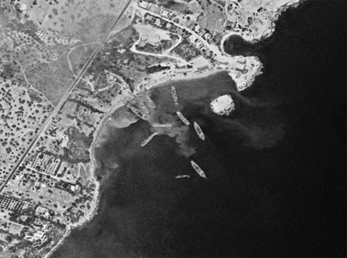 Satellite image showing the first wave of the Turkish invasion of Cyprus, Pentemili beach, July 20th 1974 [1200 x 894]