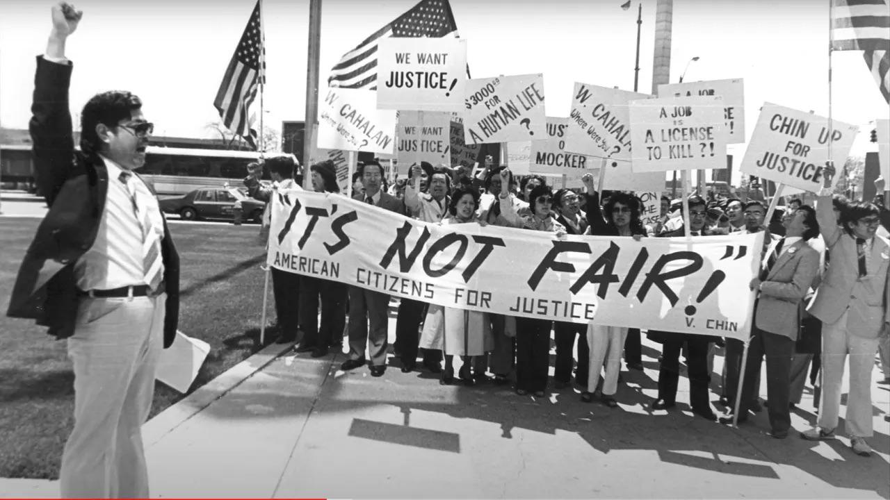 Asian Americans gather in Detroit to protest the racially motivated murder of Vincent Chin, after his killers got probation. May 9th, 1983[1280×720]