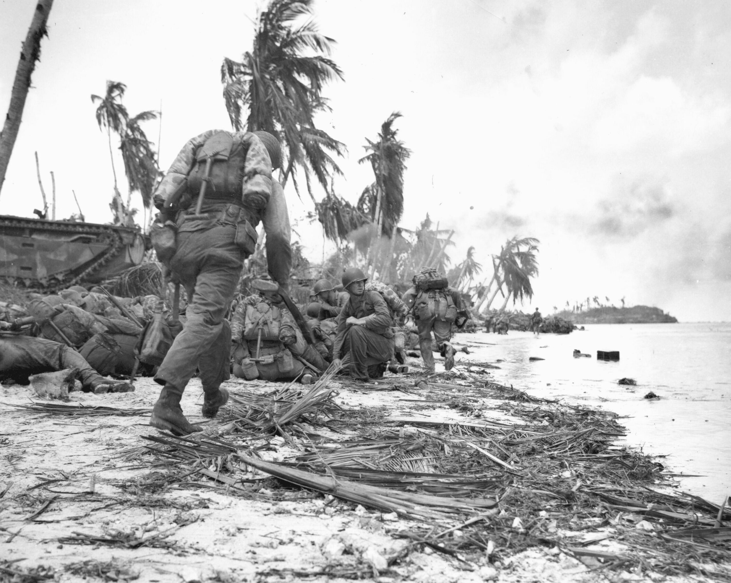 U.S. Marines with the 3rd Marine Division and the 1st Provisional Marine Brigade during the Agat beach assault on Guam. 21 July 1944 [2840 × 2267]