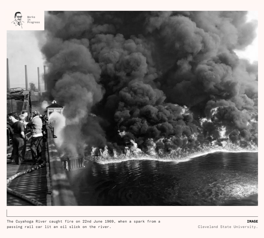 The Cuyahoga River caught fire on 22nd June 1969, when a spark from a passing rail car lit an oil slick on the river. [1080 × 972]