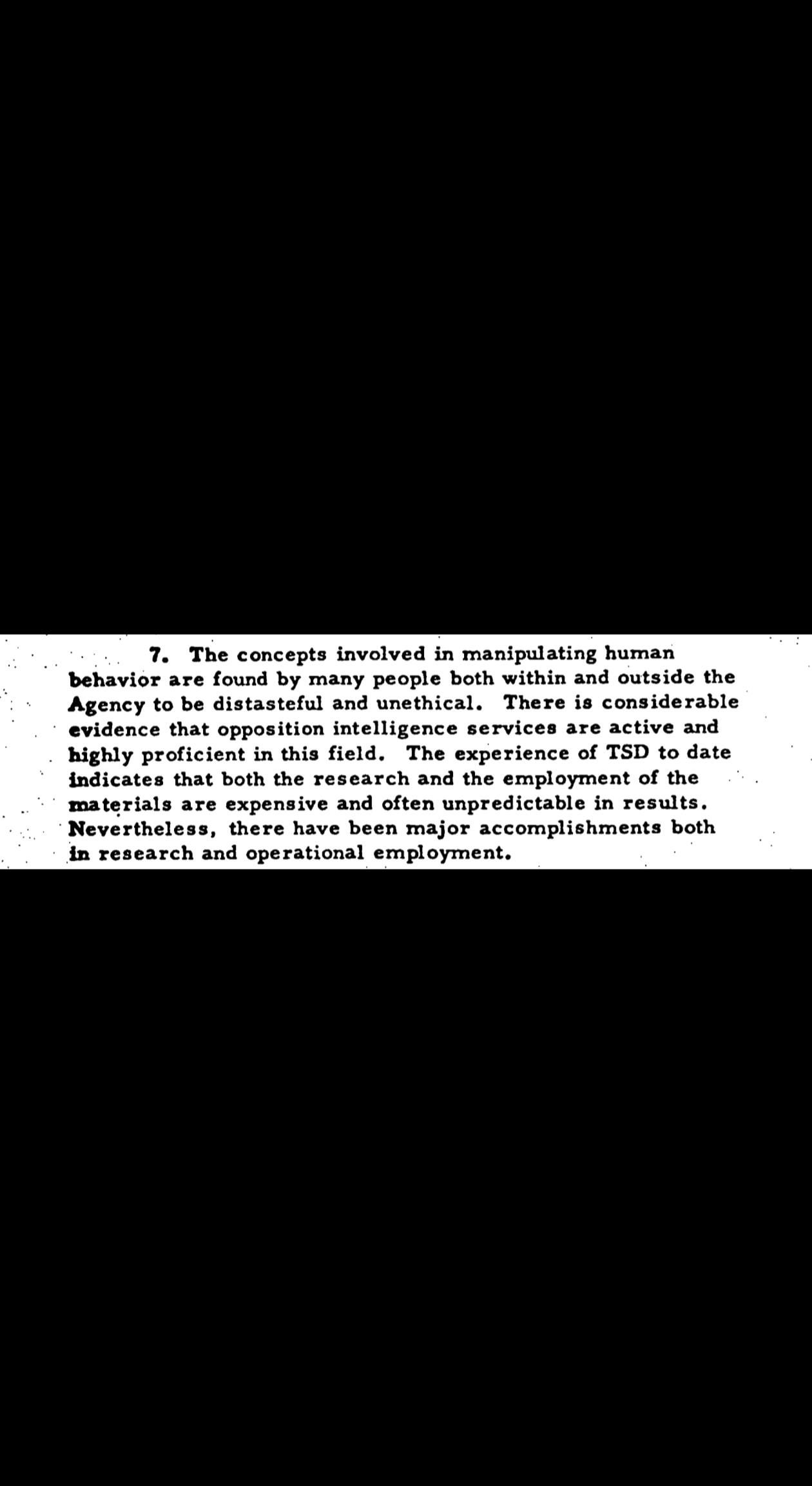 “Declassified CIA memo, 1963. Inspector General’s report on a classified behavioral research program. Paragraph 7 states the concepts were ‘distasteful and unethical.’ Only one copy was made. [1260×2304]
