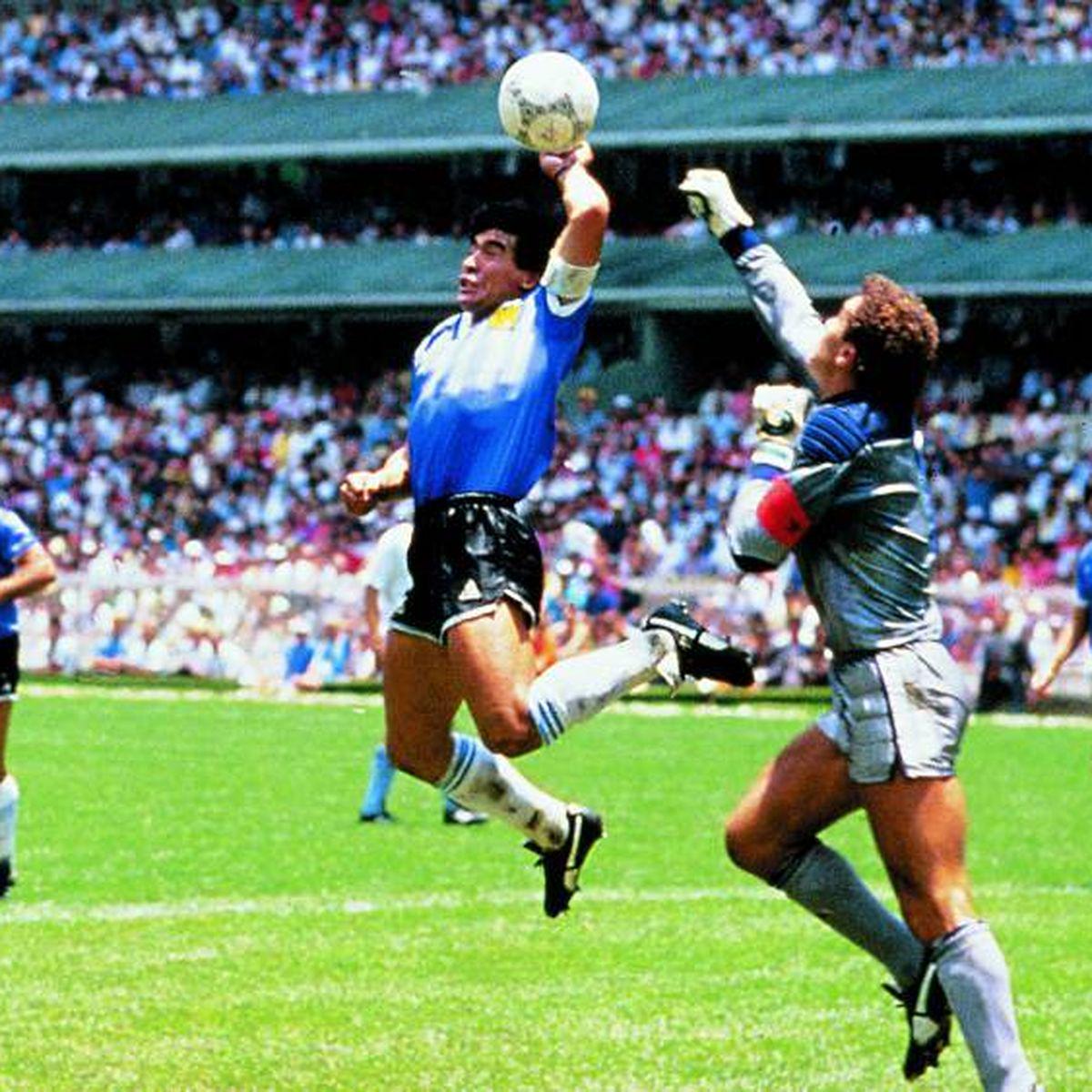 La Mano de Dios (The Hand of God). The illegal opening goal awarded to Argentine footballer Diego Maradona during Argentina’s victory over England in a quarter-final match at the 1986 FIFA World Cup (Mexico City 1986) [1200×1200]