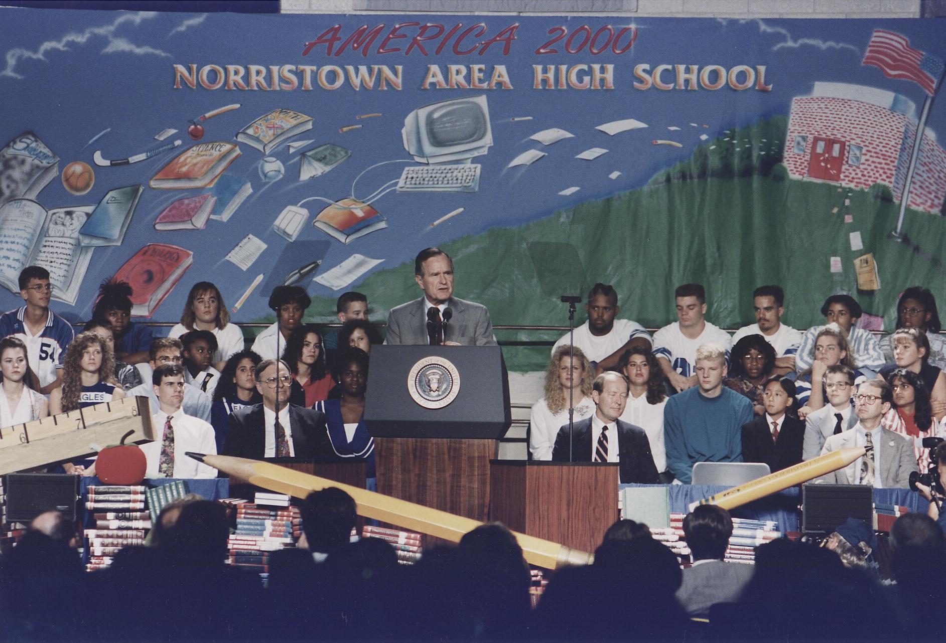 President Bush addresses the Norristown, Pennsylvania High School Community. September 9, 1992. [1885×1282]