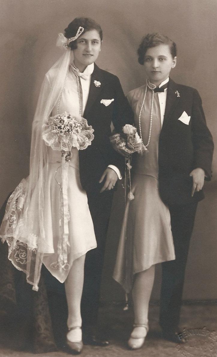Atelier photo: “A same-sex Couple in semi drag wedding attire”; Kingdom of Hungary – Budapest, 1920 [742×1187]
