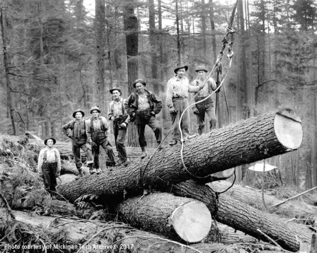 “Standing atop some giants somewhere in the U.P.” – Sometime between 1880-1920.
