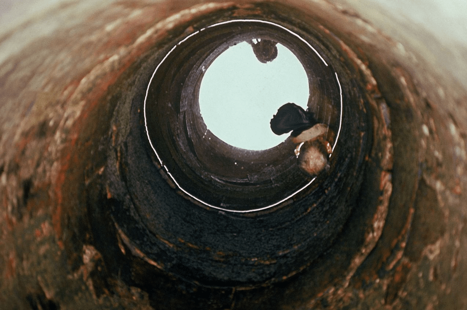 Photograph from the My Lai massacre taken by Ronald L. Haeberle. His reflection, with camera, can be seen as he photographs the corpse of an old man who had been killed by a US soldier. “They told me they threw him down there to poison the water supply.” 16 March 1968. [916 × 609]