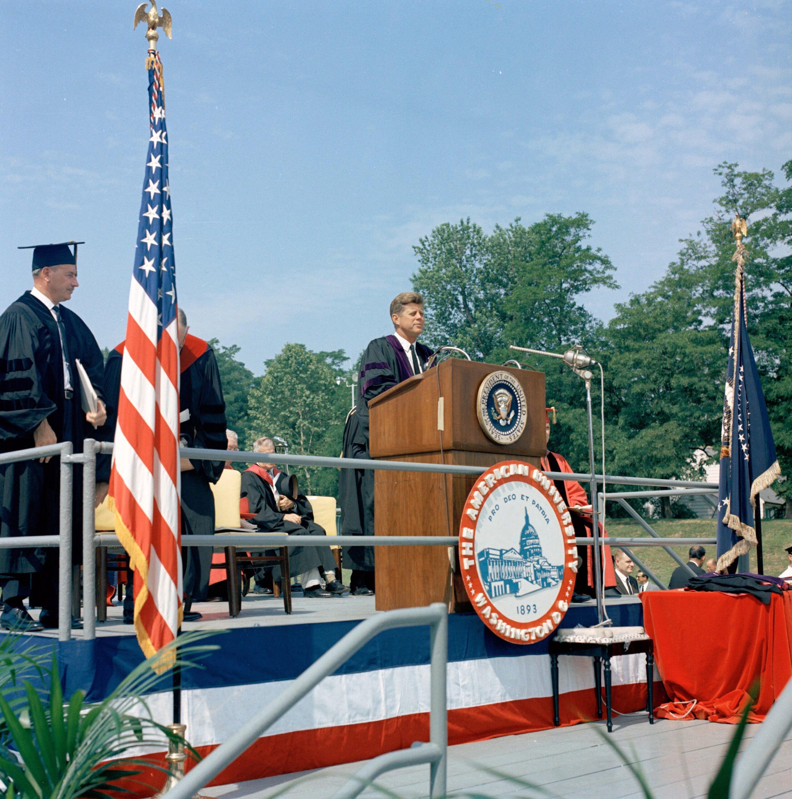 President Kennedy gave his memorable speech at American University, offering an olive branch to the Soviet Union in the form of a unilateral Partial Nuclear Test Ban proposal. (1963) [2972 × 3000]