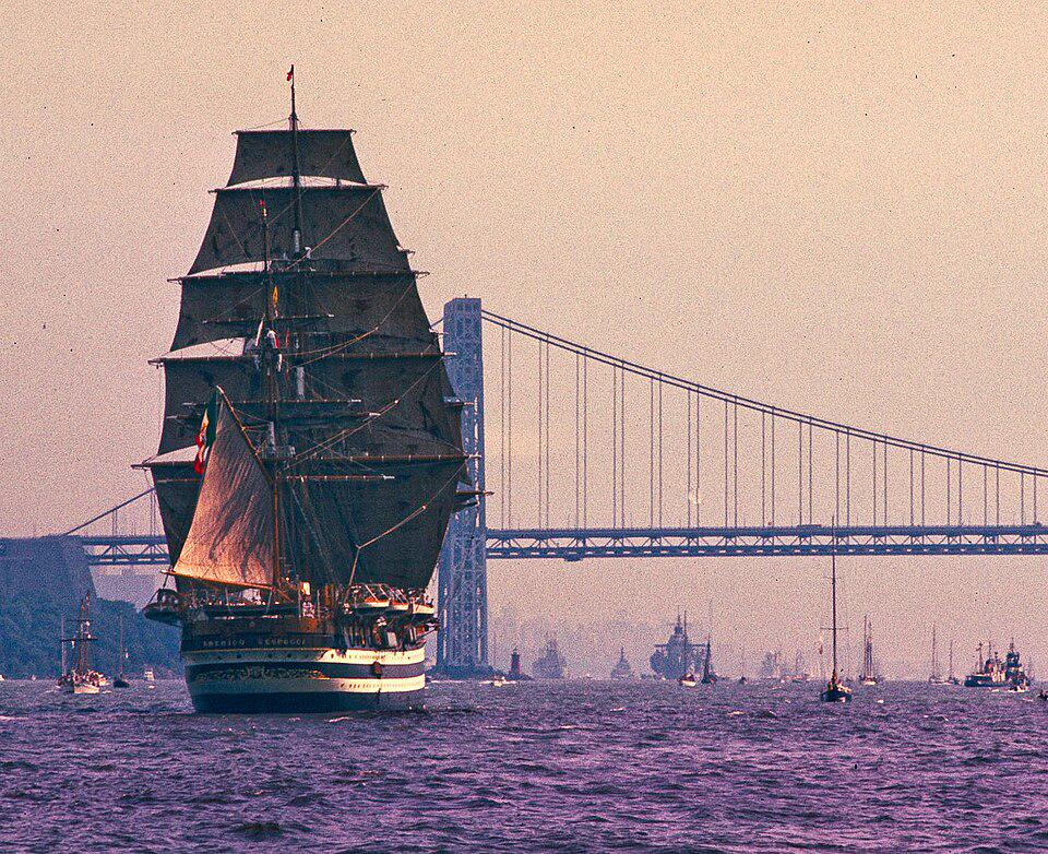 Italian training ship Amerigo Vespucci approaches the Verrazzano-Narrows Bridge during Operation Sail, July 4, 1976 [960 × 782]