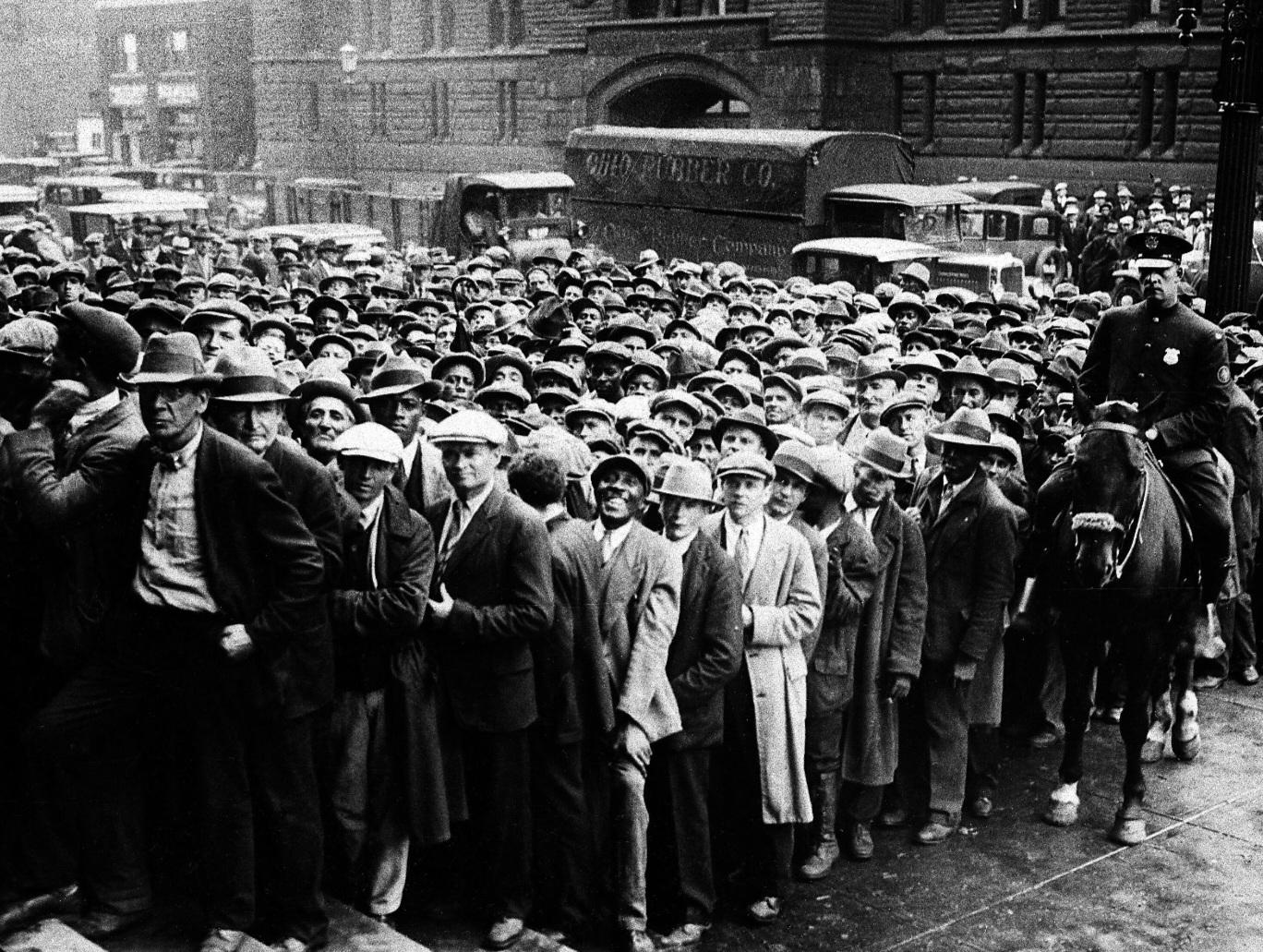 Unemployed men gathered outside City Hall in Cleveland, Ohio, to apply for park improvement jobs during the Great Depression. (1930) [1368×1031]