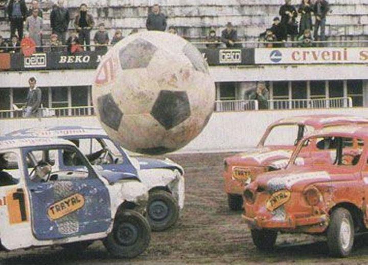 Two teams in Zastava 750 cars playing autoball at Tasmajdan Stadium in Belgrade, Yugoslavia (present day Serbia), 1978 [720×518]