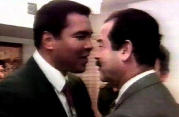 Muhammad Ali meeting with Iraqi President Saddam Hussein in Baghdad to negotiate the release of 15 American hostages, November 1990 [600×400]