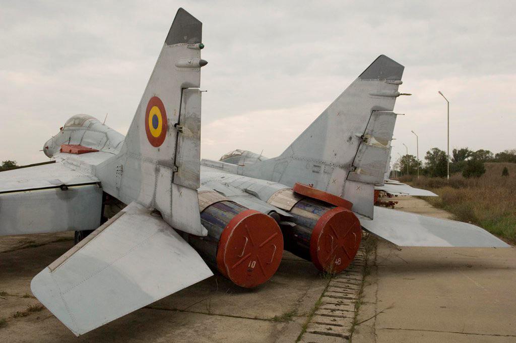 Mikoyan-Gurevich MiG-29A Fulcrum multirole fighter jet, formerly operated by the Romanian Air Force – decommissioned due to lack of spares – at MK Air Base, Romania, c. 2005. [1024 x 680]