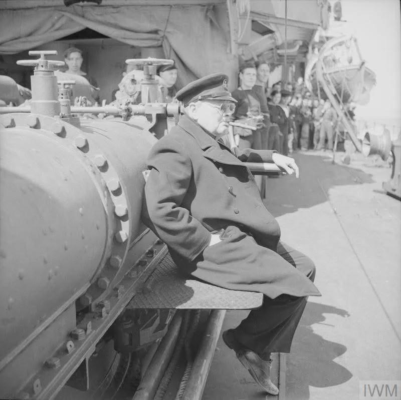 Winston Churchill aboard the destroyer HMS Kelvin, arriving in Normandy six days after the invasion, 12 June 1944. [800×799]