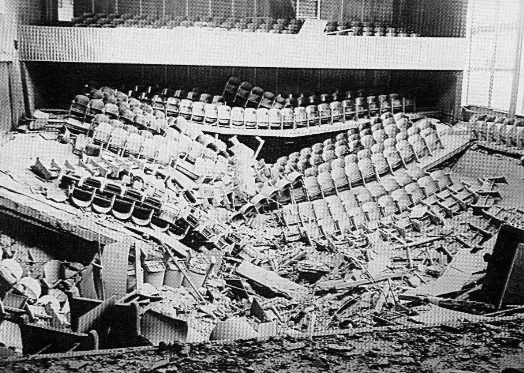 Destroyed auditorium of the Opole University, blown up by Ryszard Kowalczyk and Jerzy Kowalczyk on 6 October 1972, the day before a big celebration and award ceremony for Security Service and Citizens’ Militia were to take place. Opole, Poland, October 1972. [1054×750]