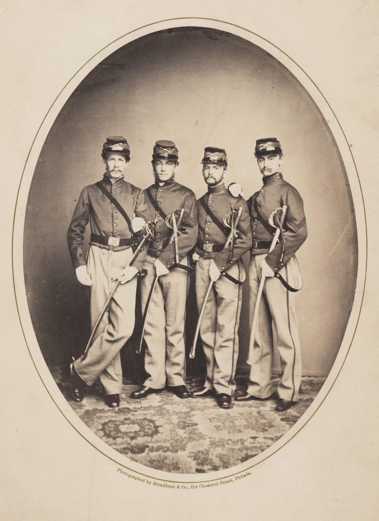 Corporals of the First Troop Philadelphia City Cavalry, 1861. Photographed by Broadbent & Co. On the back are their signatures: Robert Morris Jr., M. Edward Rogers, Charles C. Lennig, Robert E. Randall. [1310×1800]