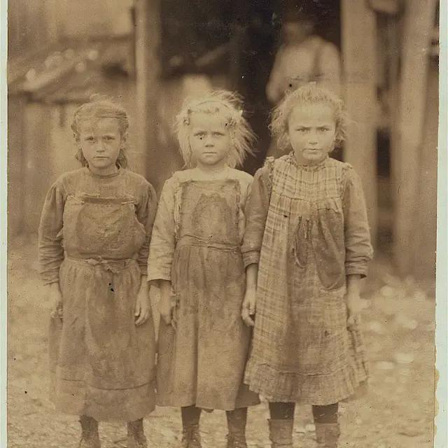 Josie (6), Bertha (6), and Sophie (10), three children working as oyster shuckers at the Maggioni Canning Company in North Carolina (1912) [640×640]