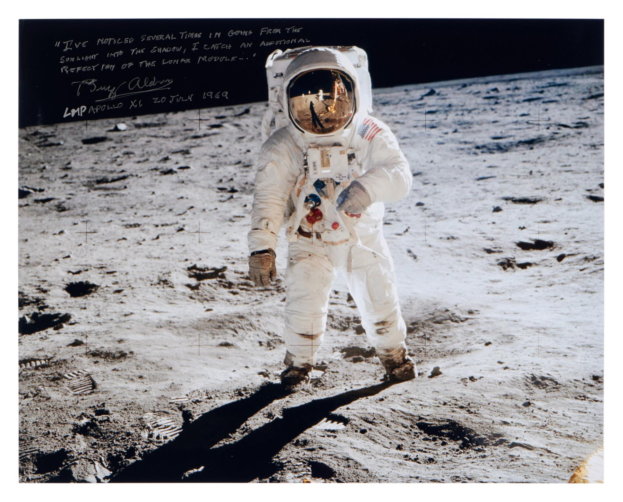 “Tranquility Base” a 1969 photo from the flight of Apollo 11 (1969) signed and inscribed by lunar module pilot Buzz Aldrin sold July 15 at Sotheby’s for $64,000.  High presale estimate was est. $6,000. Reported by Rare Book Hub.(2048×1652)