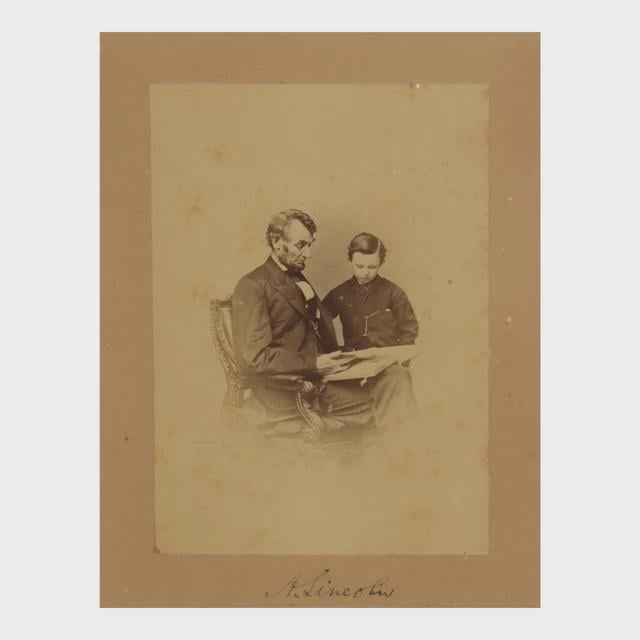 An1864  signed photo of President Lincoln and son Tad taken by Matthew Brady sold at Bonhams Tapper Collection sale on June 23 for $76,700.  F. W. Pitcher who bought photo in 1864 obtained the Lincoln signature. Reported by Rare Book Hub. (2880×2880)